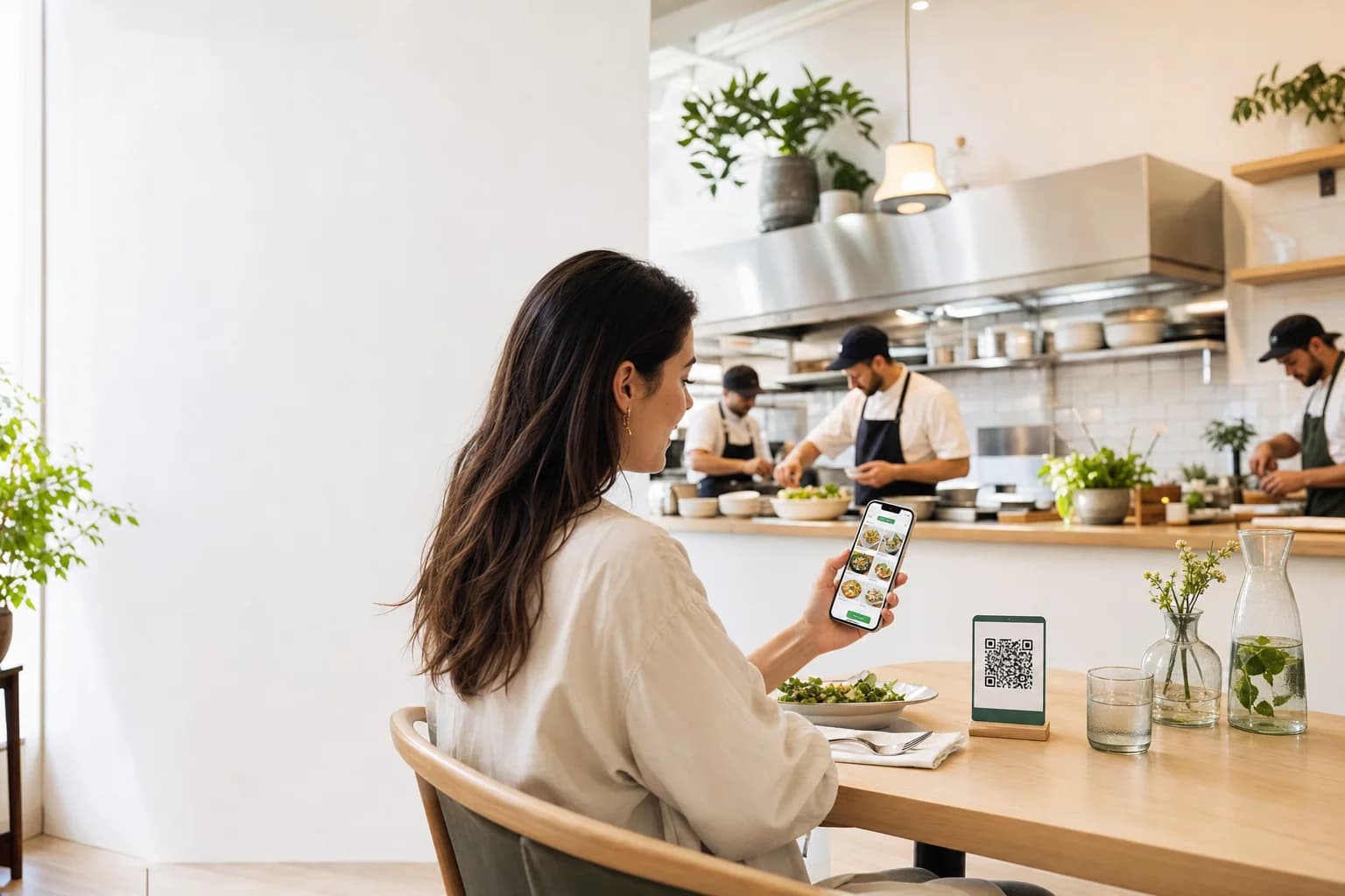 A guest browsing a QR menu while the restaurant kitchen works behind them